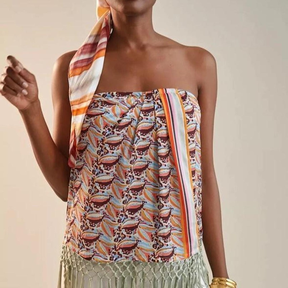 Anthropologie Fringe Scarf Tube Top Boho Festival Strapless Printed Top Medium
